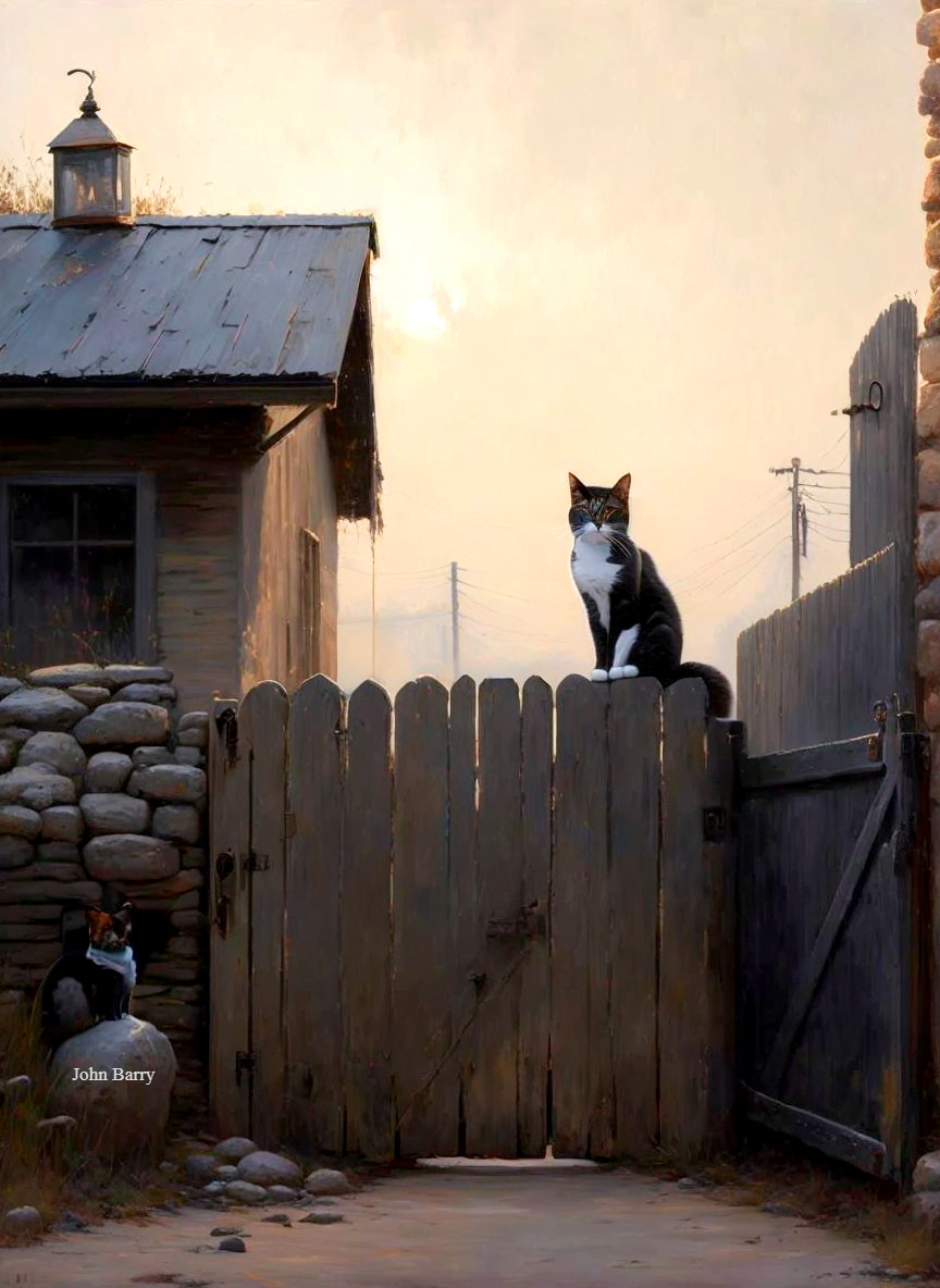 Cat resting on wooden gate in rustic setting with stone wall, shack, and lantern under sunlight