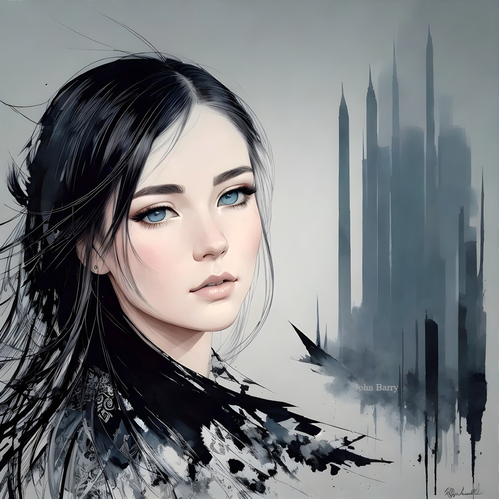 Young woman with blue eyes in abstract cityscape art