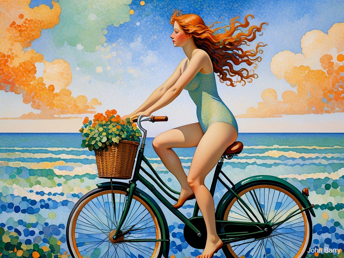 Vibrant Painting of Woman Biking on Beach with Flowers