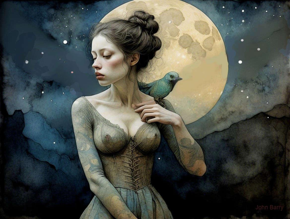 Serene Woman in Vintage Corset Under Full Moon