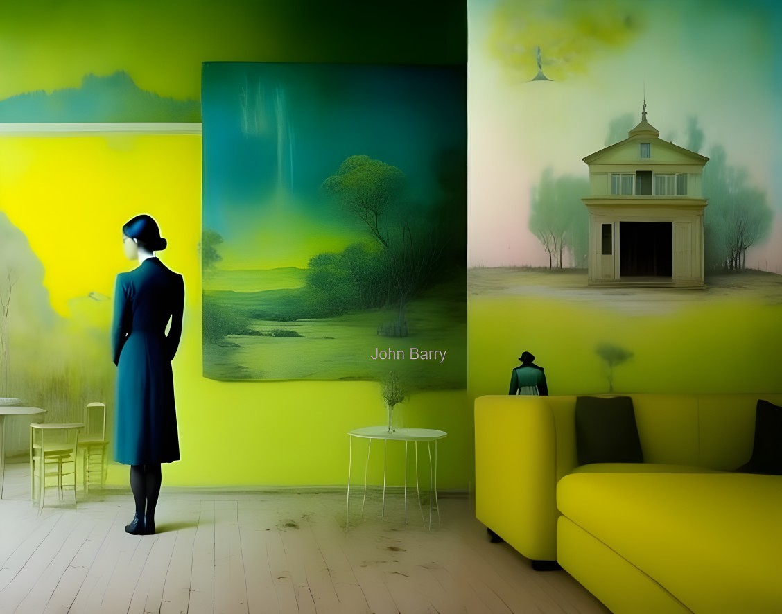 Surreal Interior Scene with Woman in Blue Dress