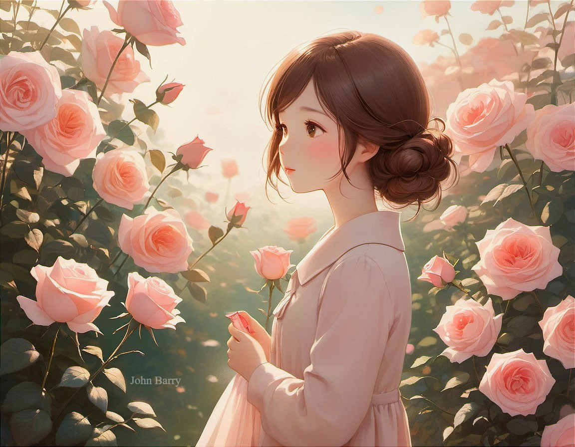 Young Girl in Serene Rose Garden Setting