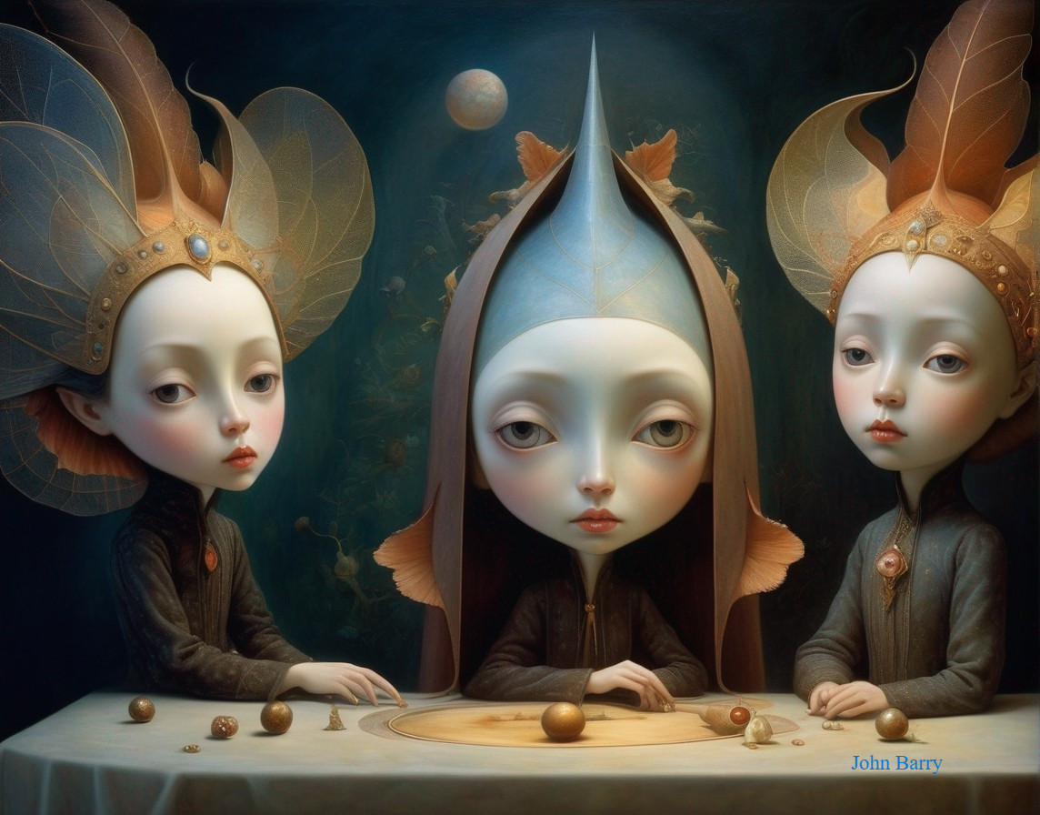 Surreal Pale-Faced Figures with Orbs at a Table