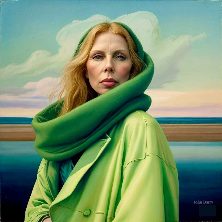 Portrait of a Woman in Green Scarf with Serene Landscape