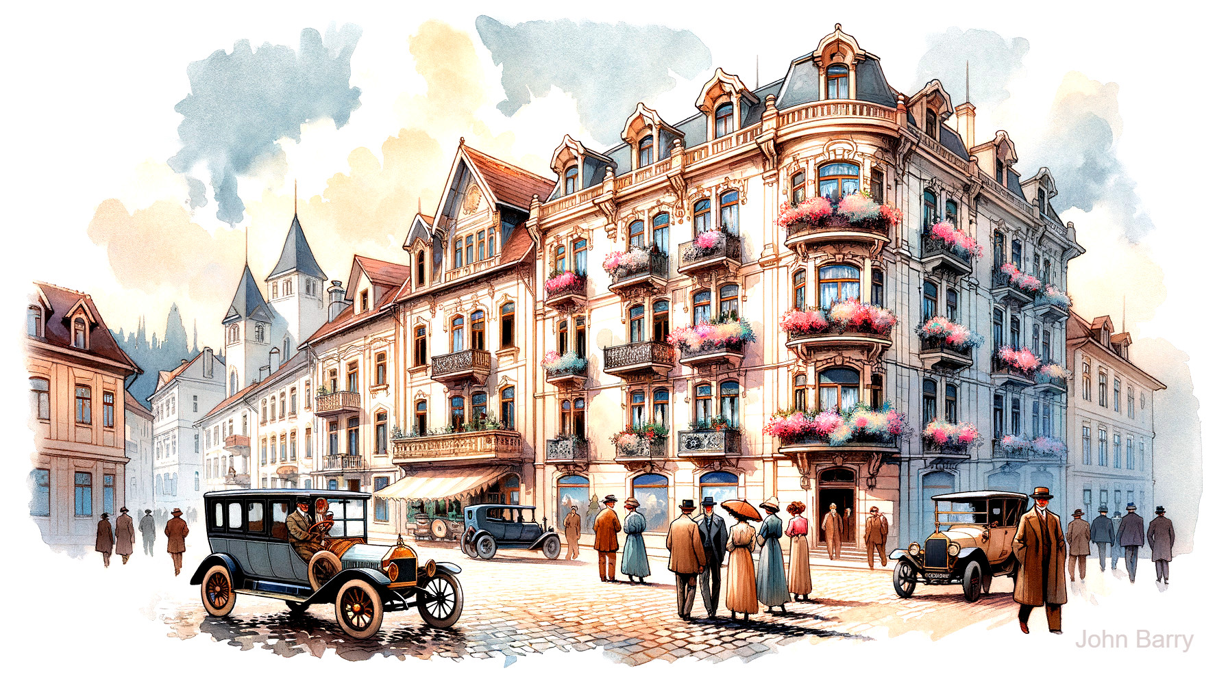 Vintage Street Scene with Elegant Architecture and Cars