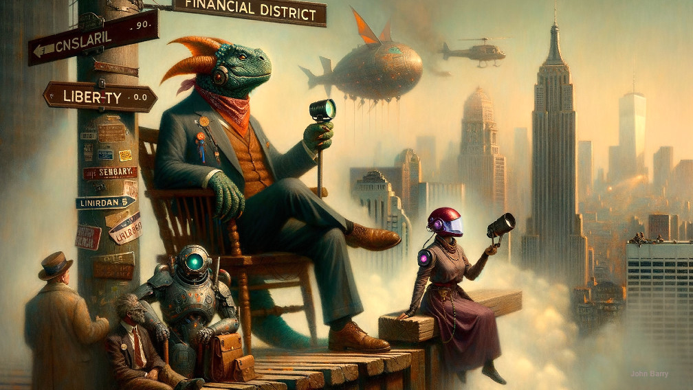 Futuristic Cityscape with Reptilian and Android Figures