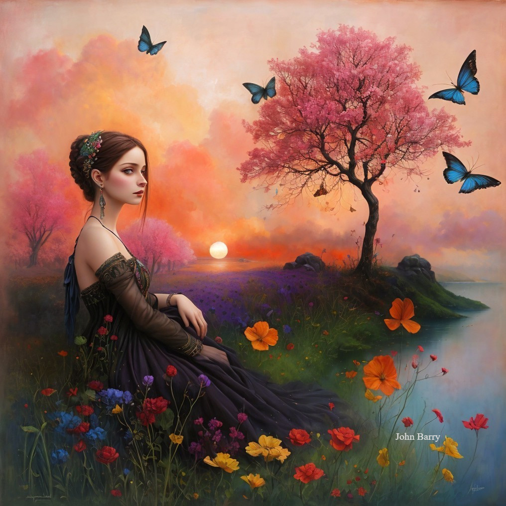 Young Woman by Water at Sunset with Flowers and Butterflies