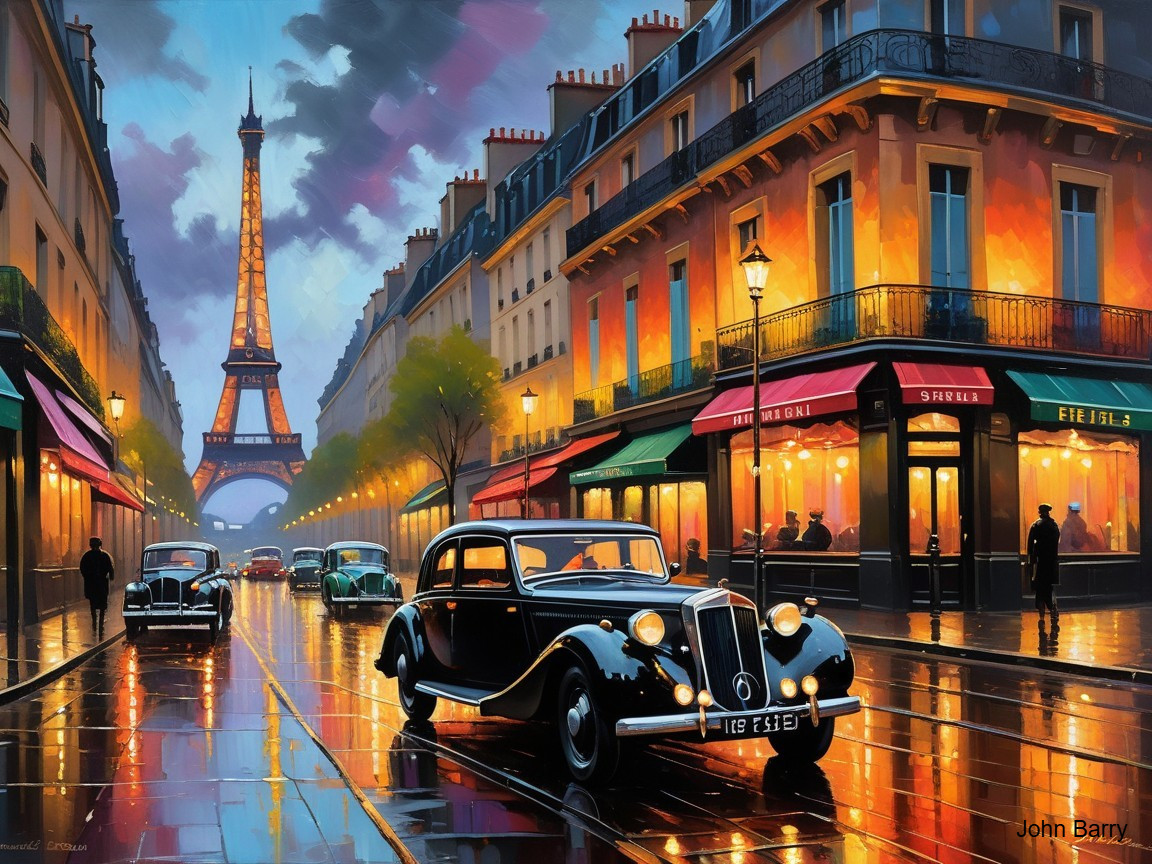 Rainy Evening in Paris with Eiffel Tower and Classic Car