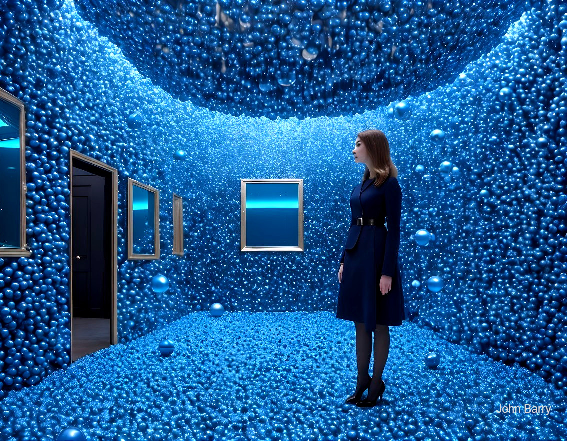 Woman in Room Filled with Blue Spheres and Mirrors