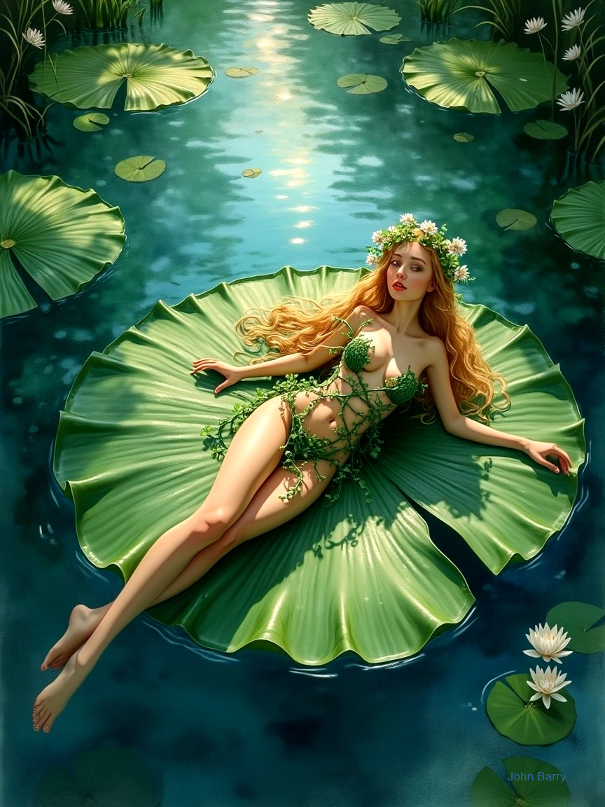 Serene Woman Reclining on Lily Pad in Tranquil Pond