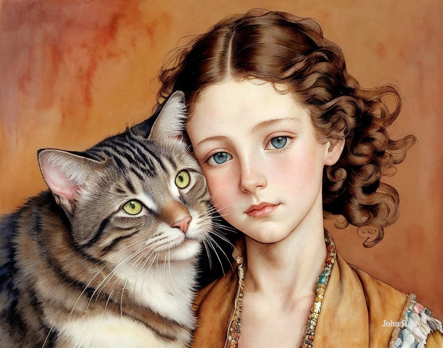 Portrait of a girl with cat in warm orange background
