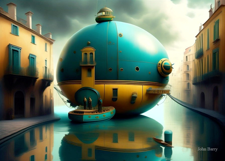 Surreal Scene of Turquoise Airship in Serene Canal