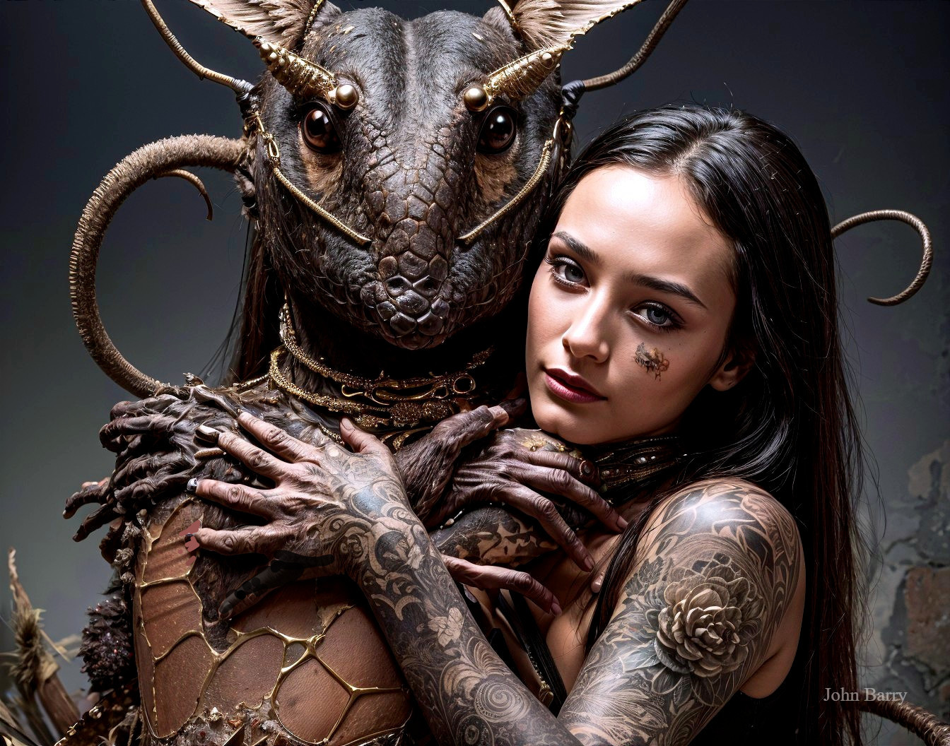 Woman with Tattoos and Mythical Reptilian Creature