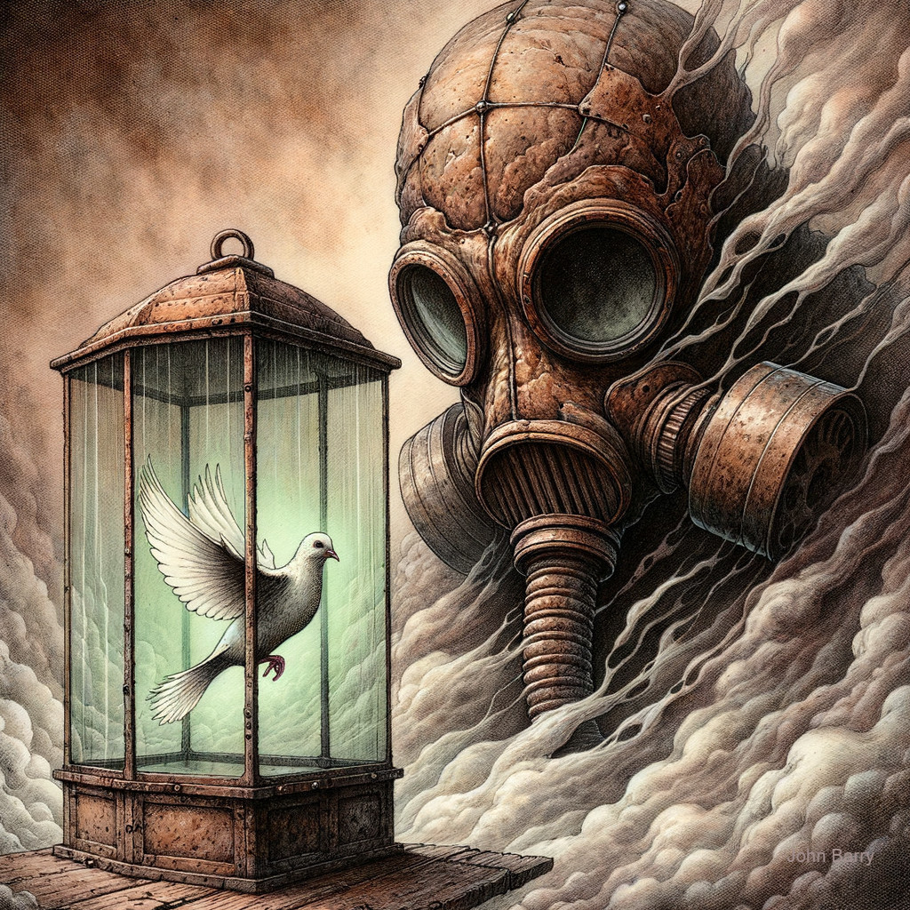 Surreal Scene of Dove and Gas Mask Symbolizing Freedom