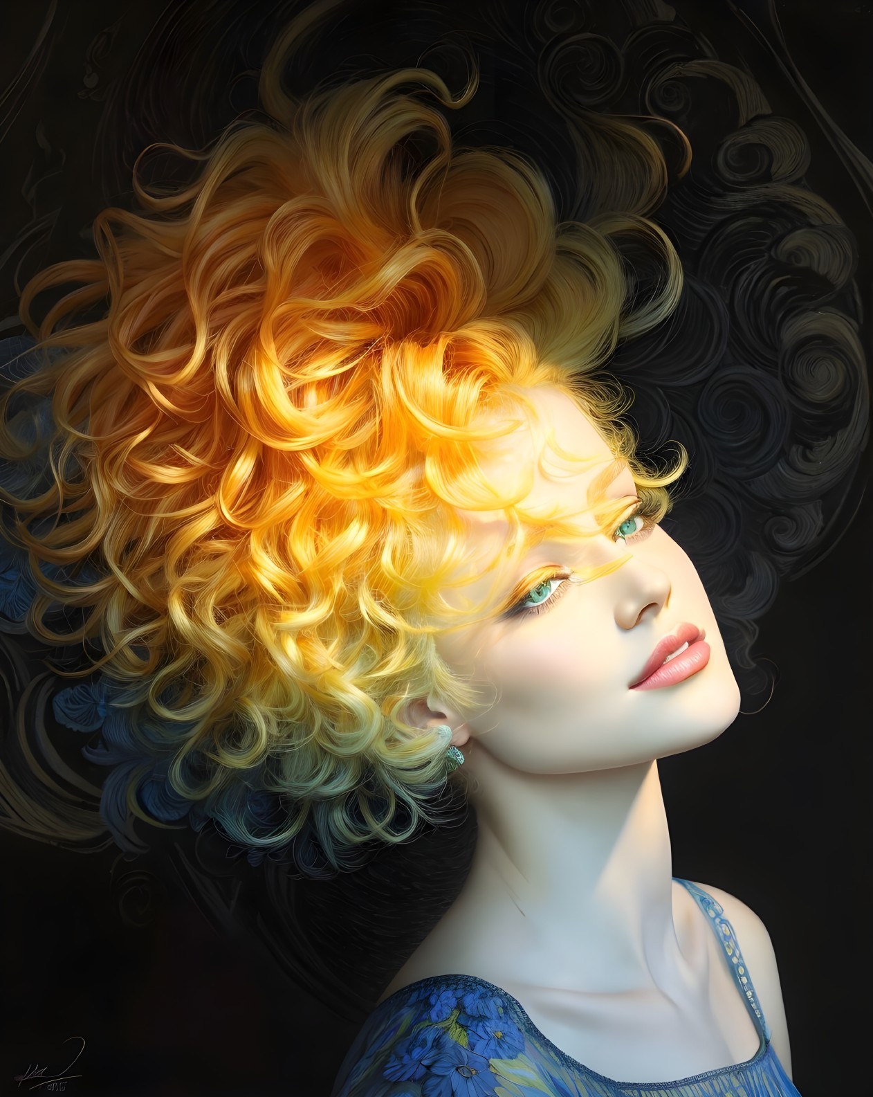 Vibrant portrait of a woman with curly golden hair and green eyes
