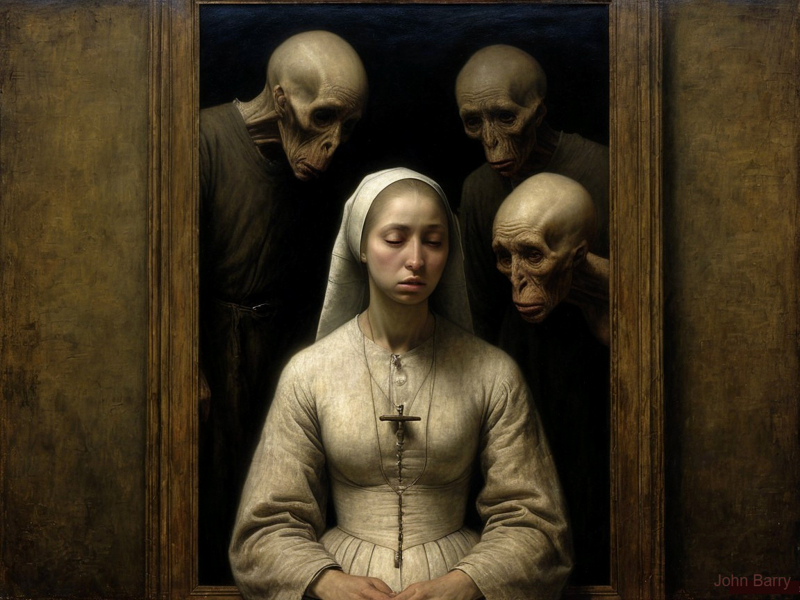 Somber Scene of Young Woman with Skeletal Figures