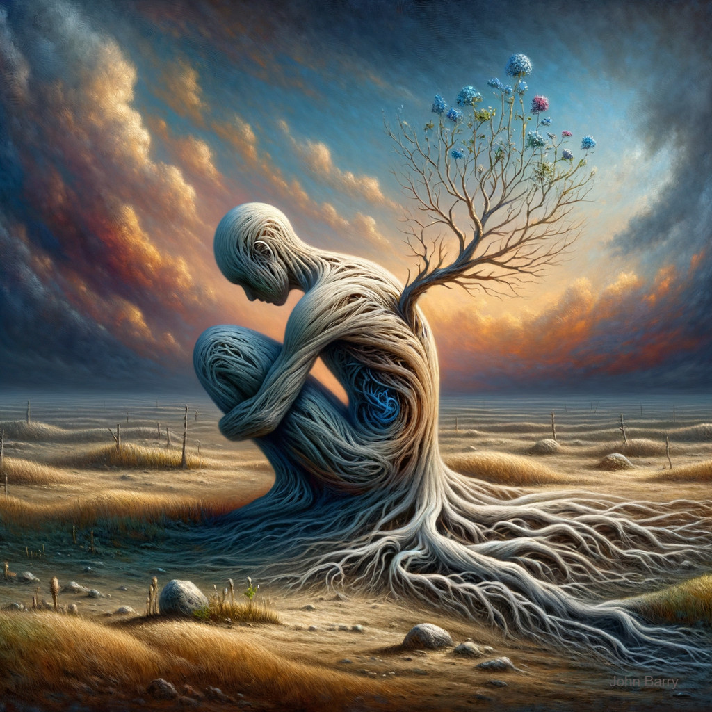 Abstract Human Figures in Surreal Landscape with Tree