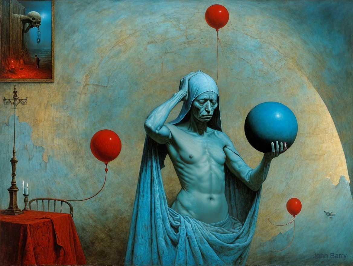 Surreal Blue Androgynous Figure with Floating Balloons