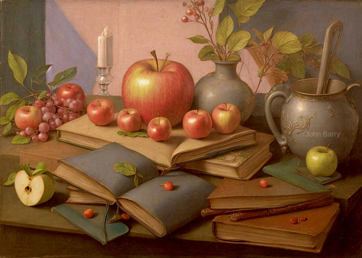 Still Life of Apples, Grapes, and Books Arrangement