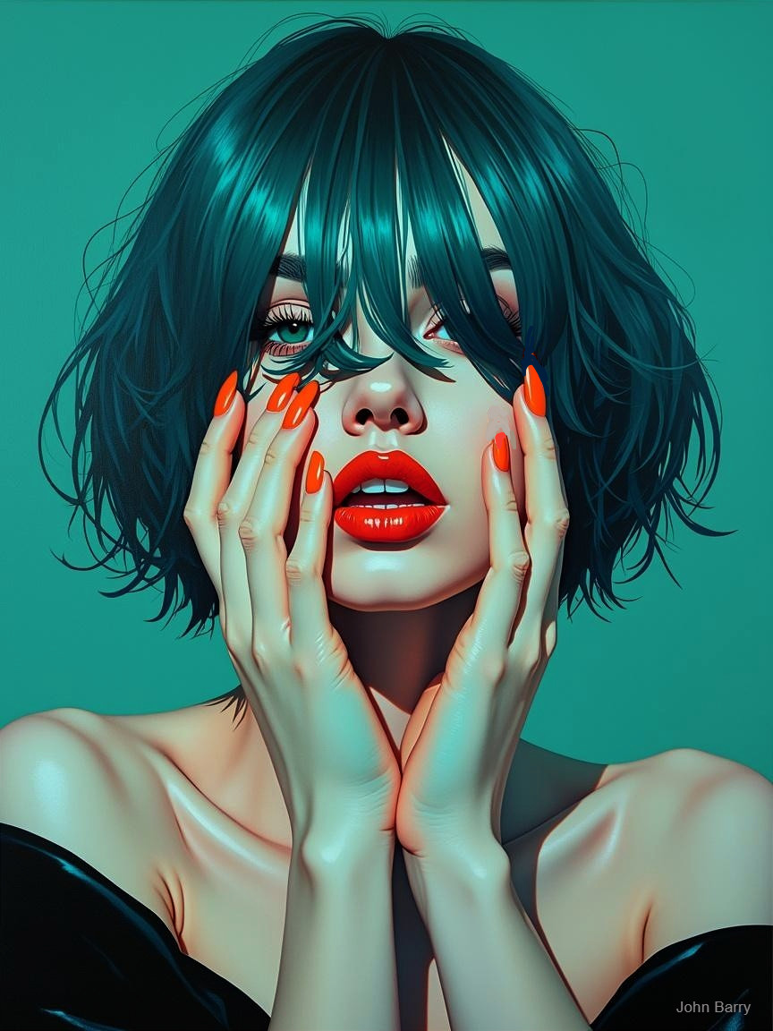 Portrait of a Woman with Teal Bob and Vibrant Colors