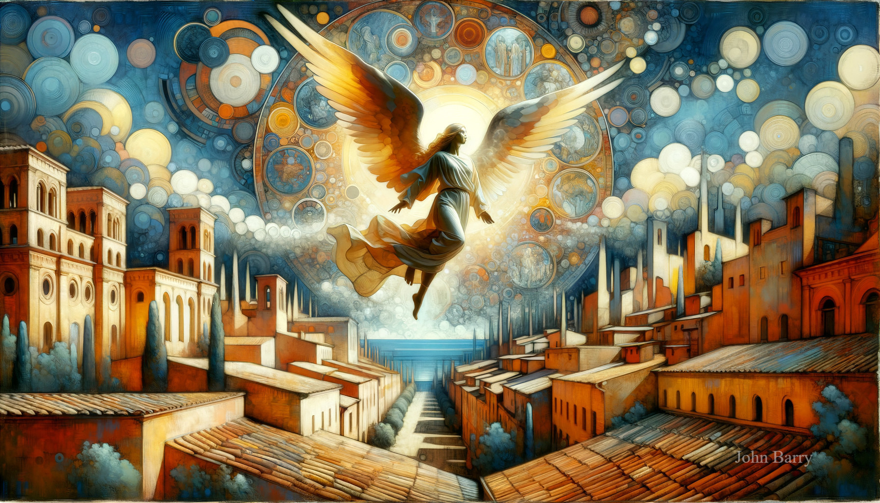 Celestial Figure with Luminous Wings Over Cityscape