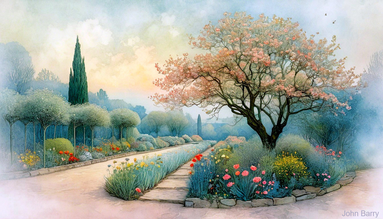 Serene Garden Landscape with Blossoming Tree at Dawn