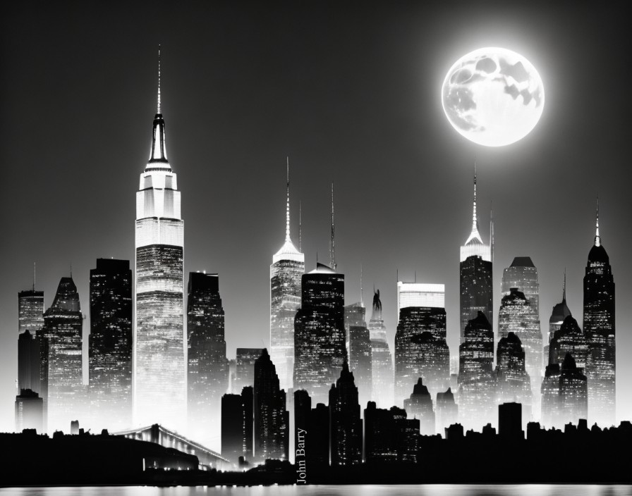 Monochrome Cityscape with Skyscrapers at Night