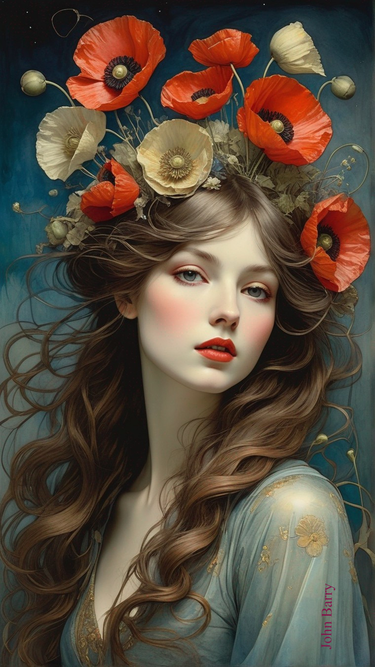 Woman with Brown Hair and Red Poppies in Blue Dress on Dark Teal Background
