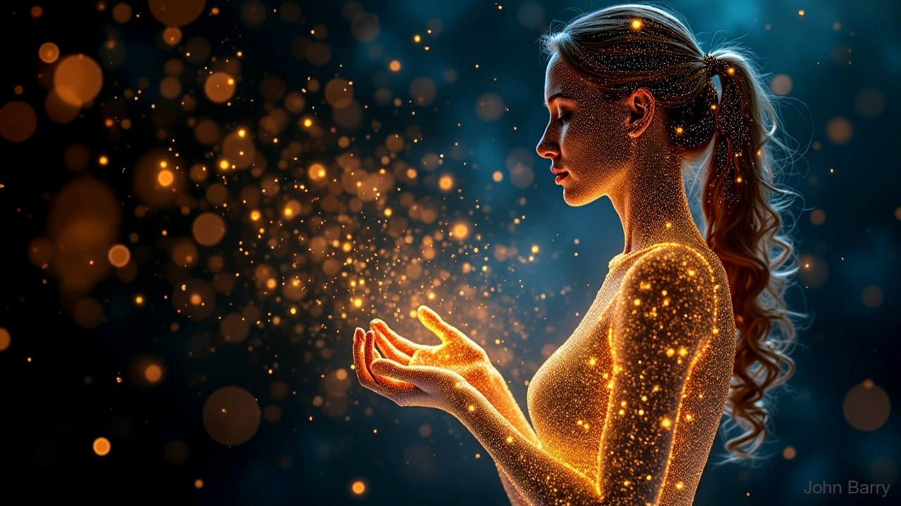 Woman in Profile Surrounded by Golden Particles