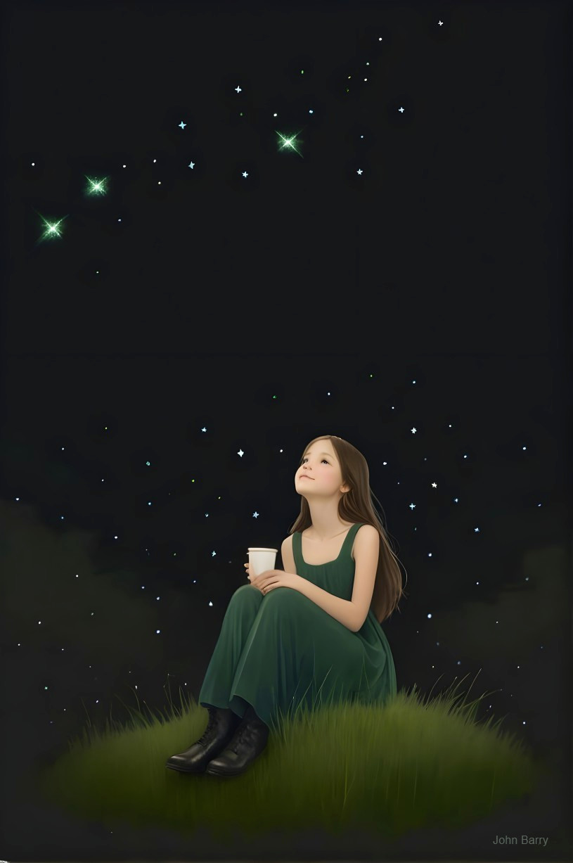 Young girl in green dress gazing at starry night sky