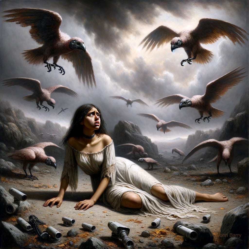 Distressed Woman in Tattered Dress on Rocky Terrain