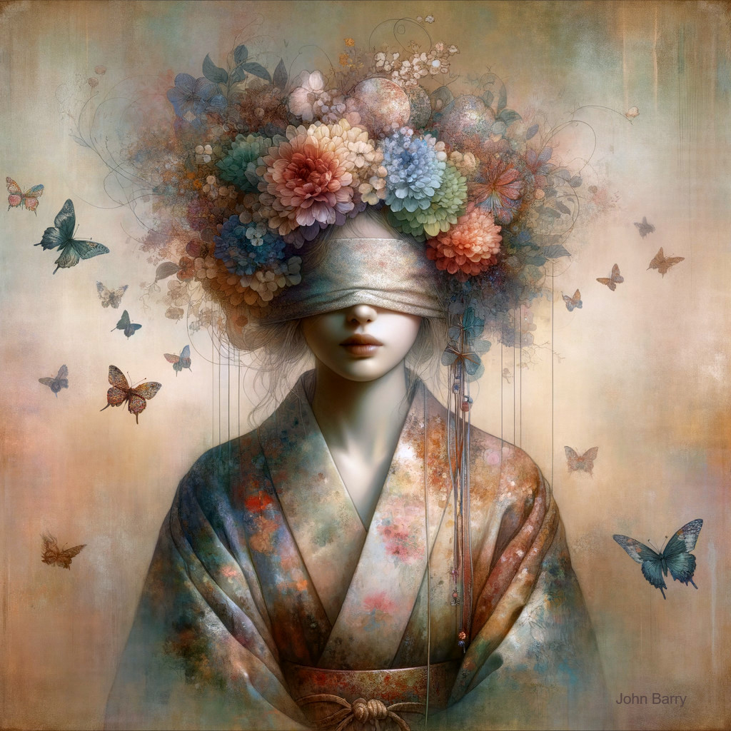 Serene figure in patterned kimono with floral crown