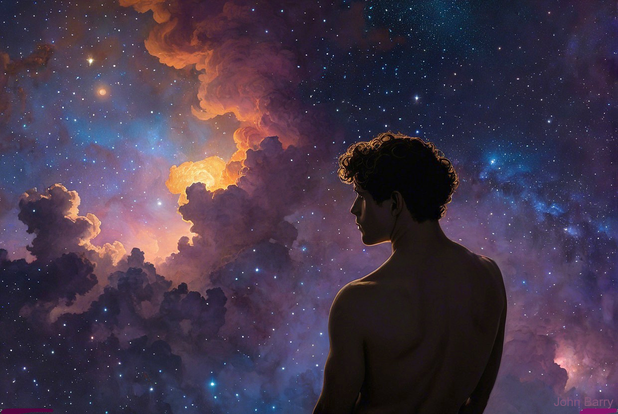 Cosmic Scene with Figure Against Vibrant Nebulae