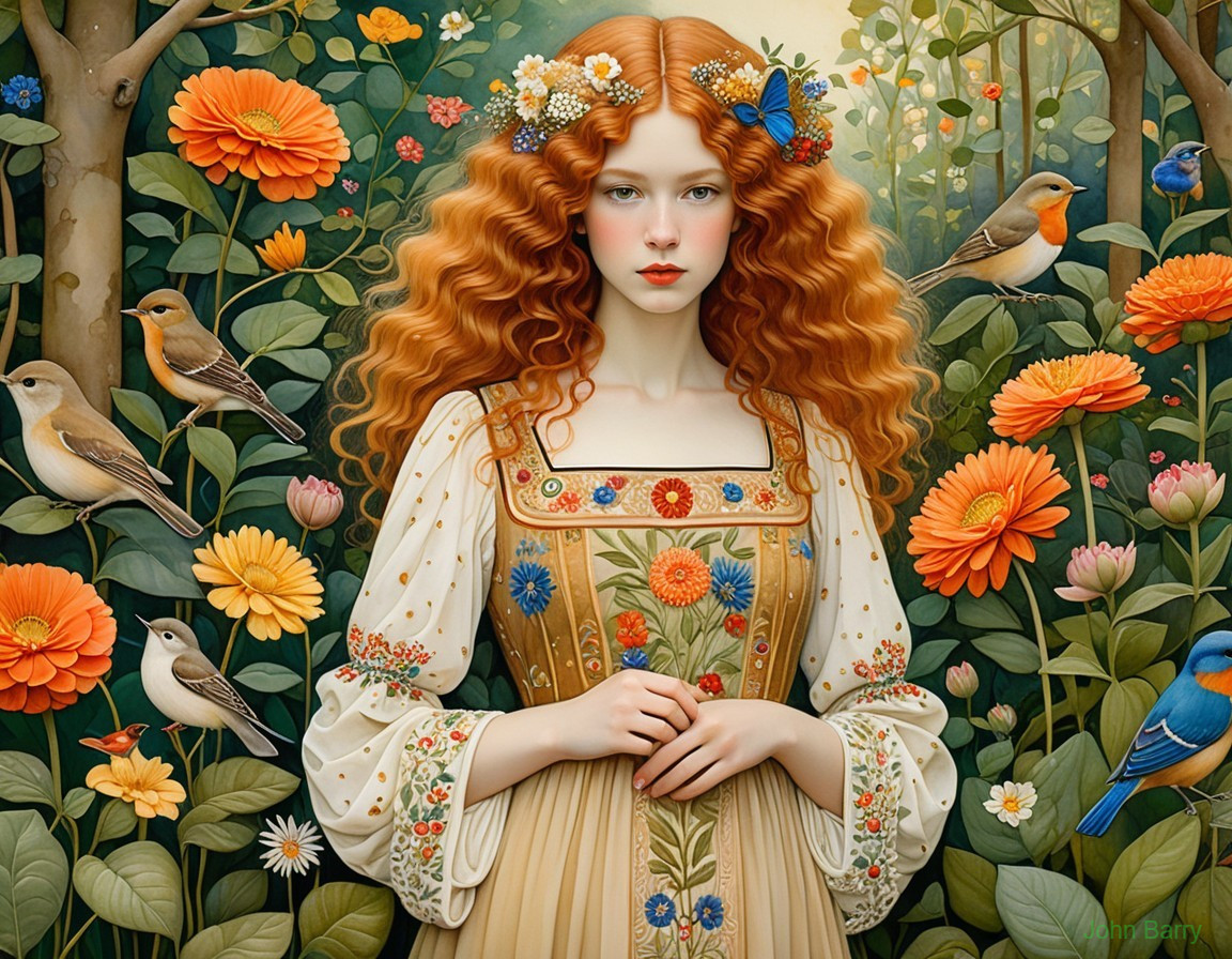 Young Woman in Embroidered Dress in Vibrant Forest