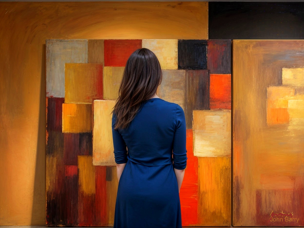 Woman in Blue Dress Before Abstract Warm-Colored Painting