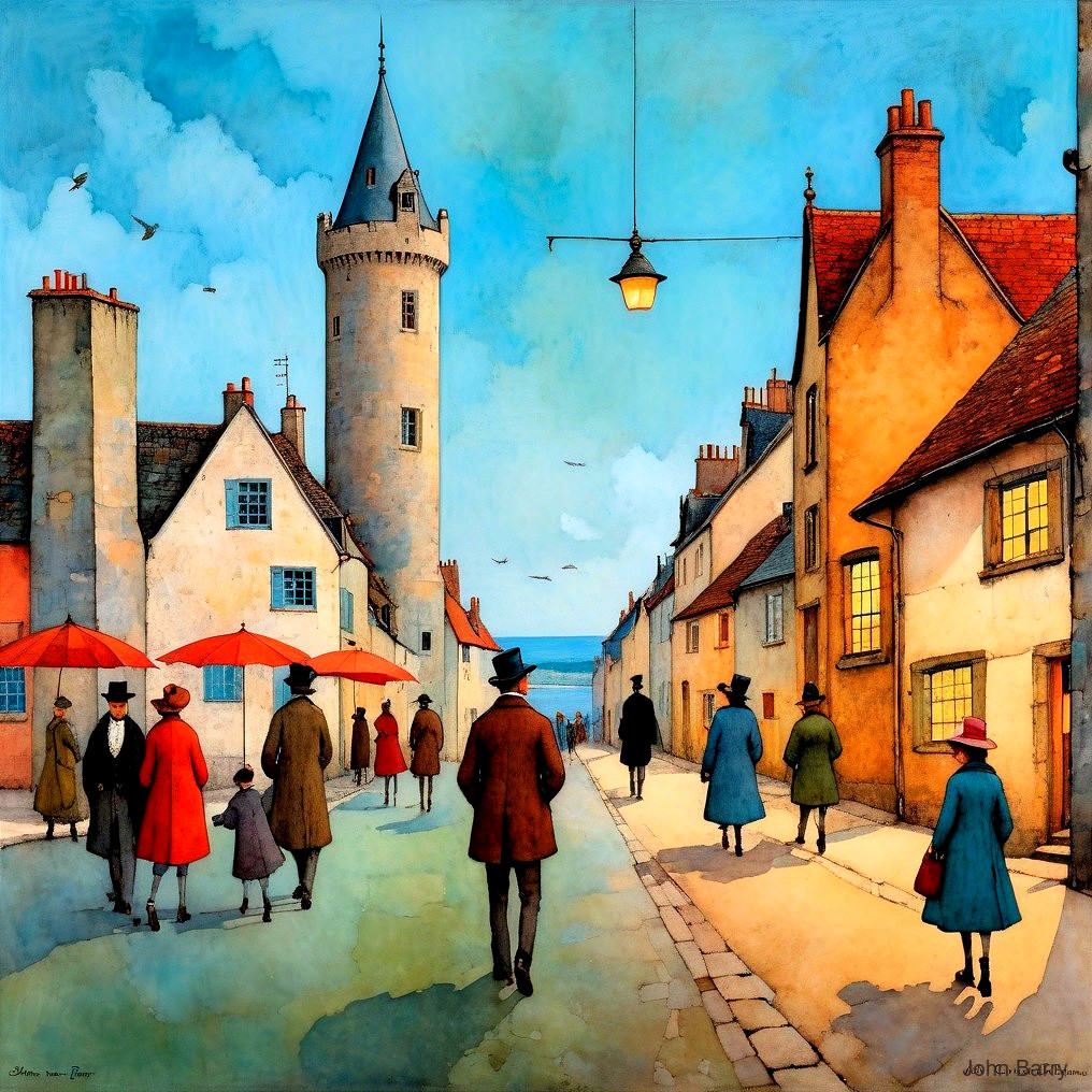 Vibrant village scene with colorful houses and tower
