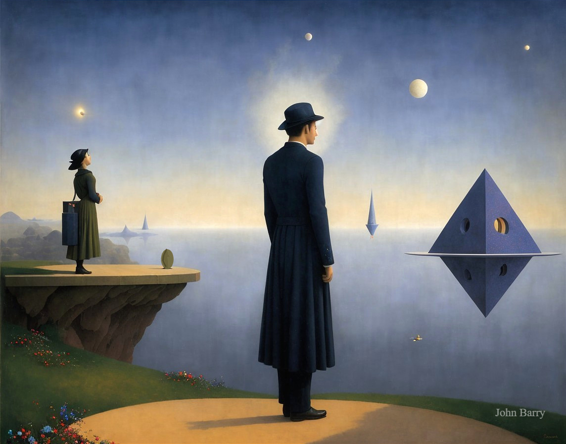 Surreal Landscape with Figures and Twilight Seascape