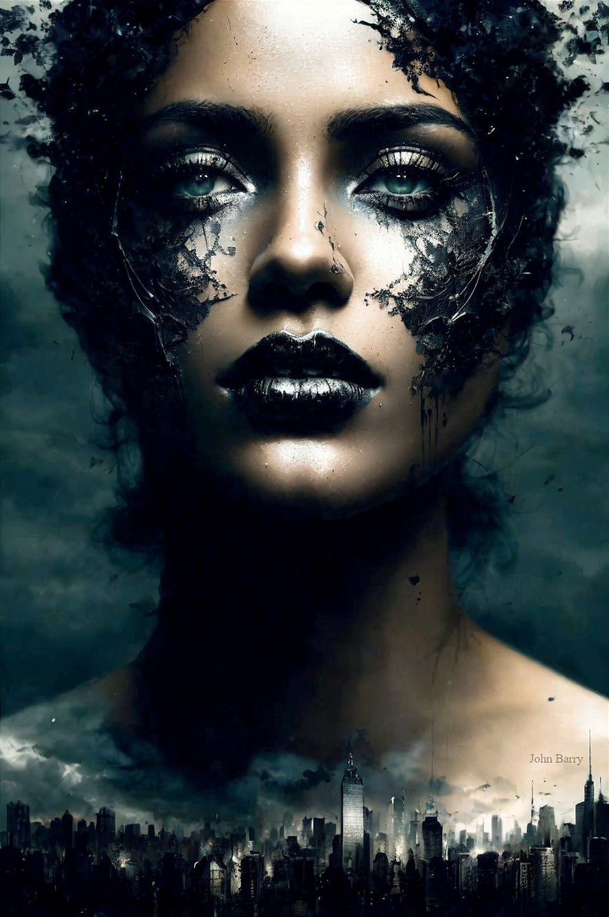 Woman with Dark Face Paint and City Skyline Background