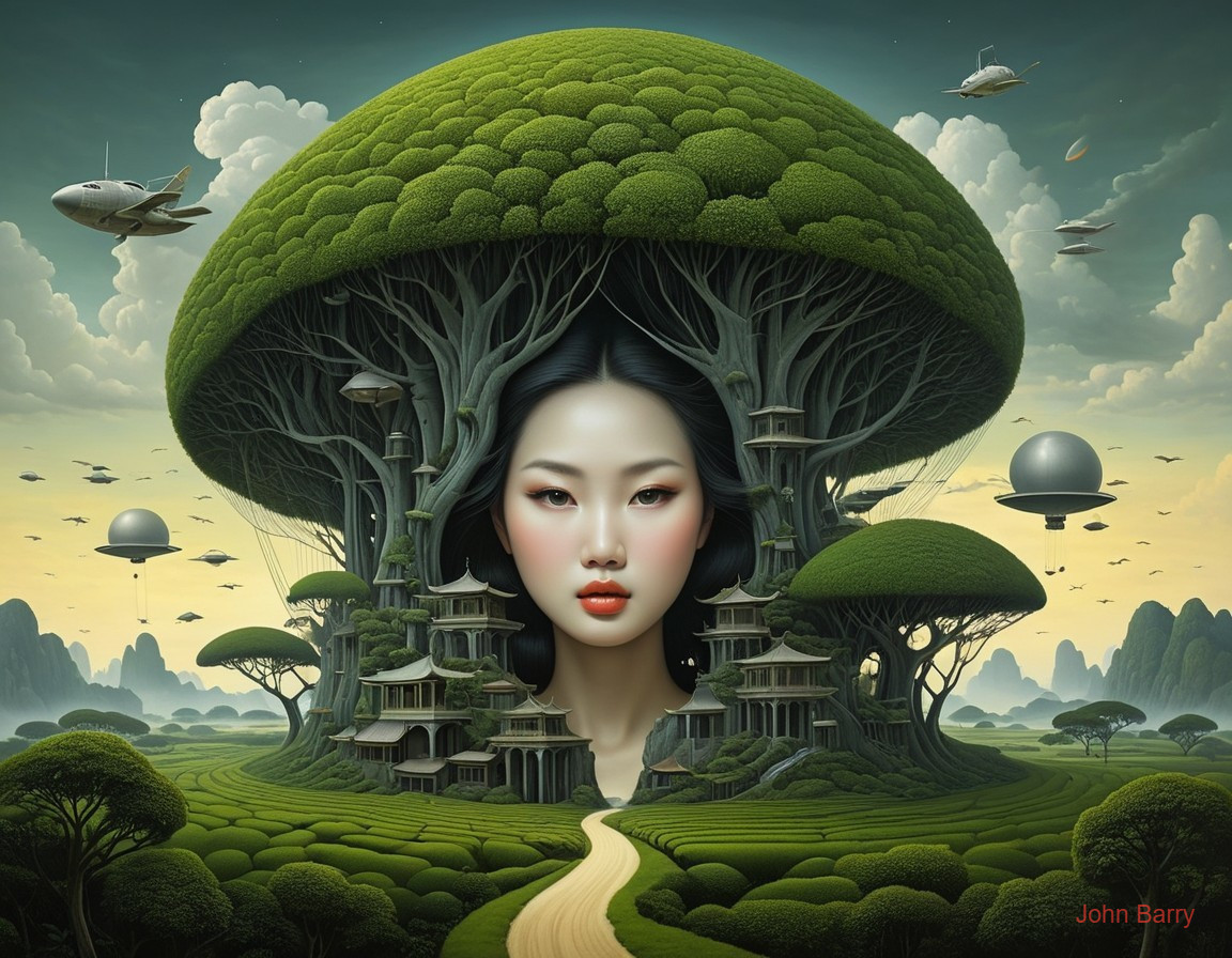 Surreal Landscape with Woman's Face and Pagodas