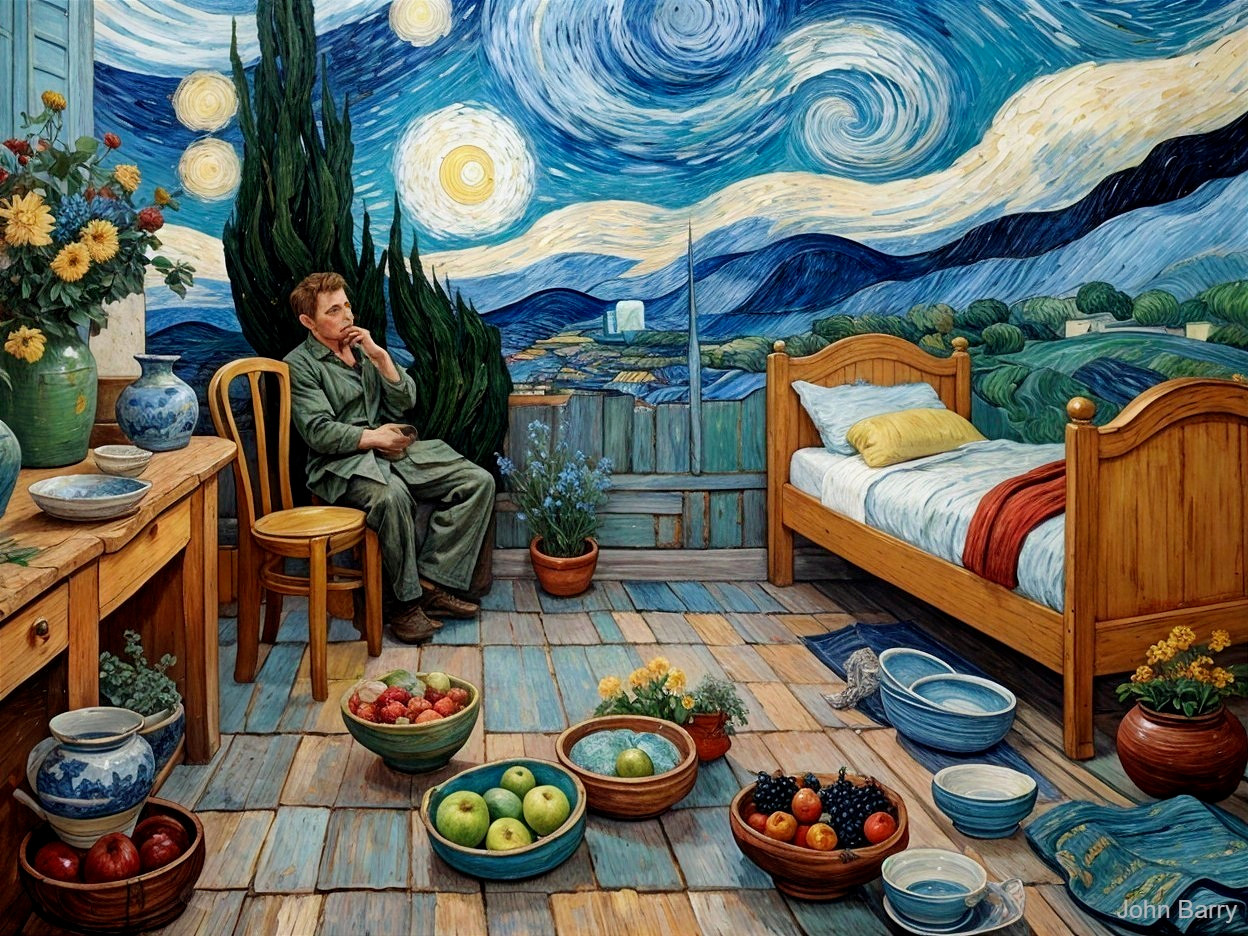 Cozy Room with Vibrant Colors and Starry Sky View
