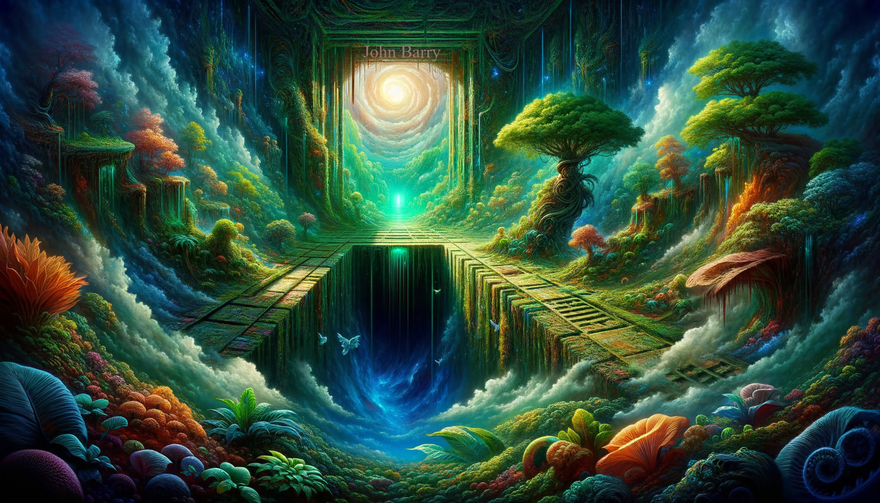 Surreal Landscape with Colorful Foliage and Portal
