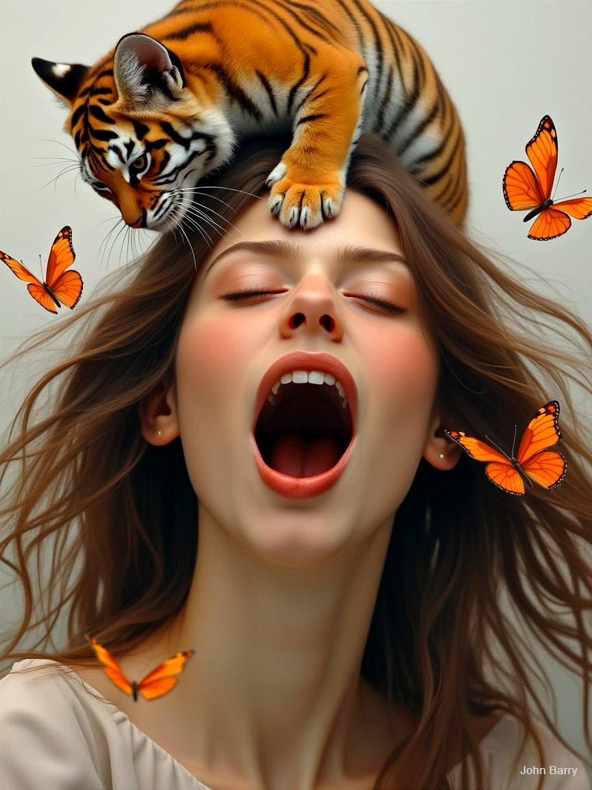 Woman with flowing hair and playful tiger on head