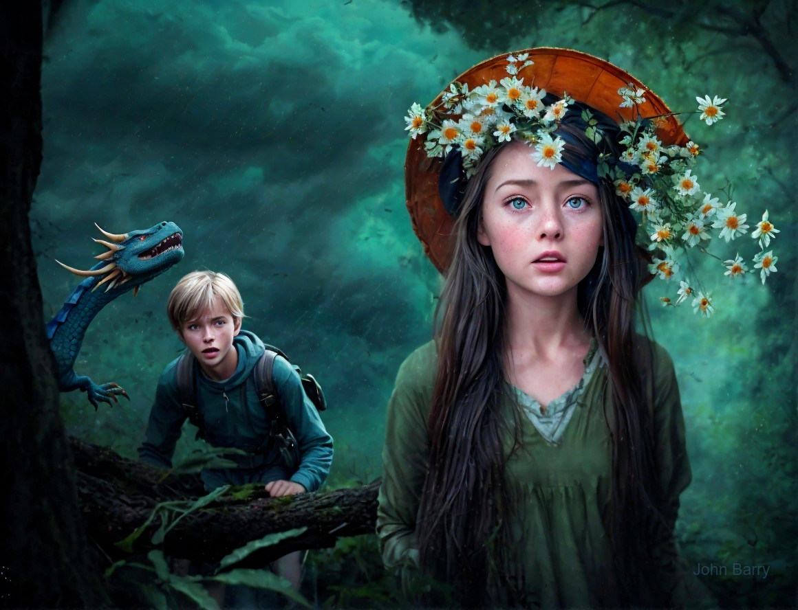 Mystical forest scene with a girl, boy, and dragon
