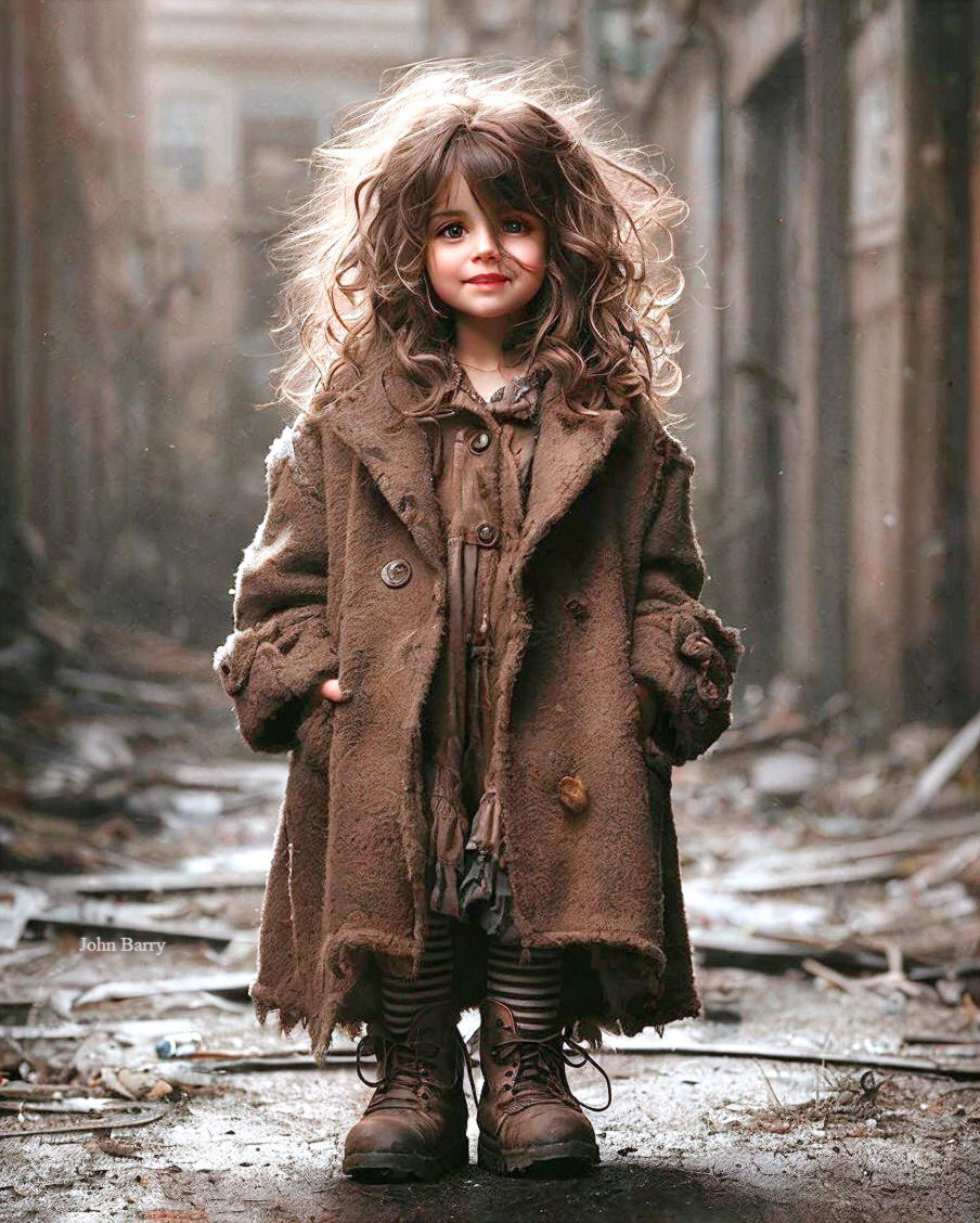 Young Girl in Tattered Coat in Urban Ruins