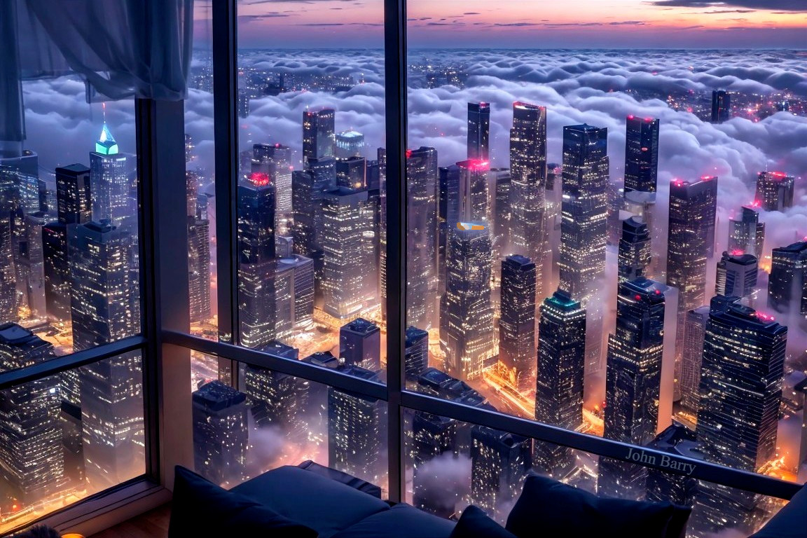 Nighttime Cityscape with Skyscrapers and Clouds