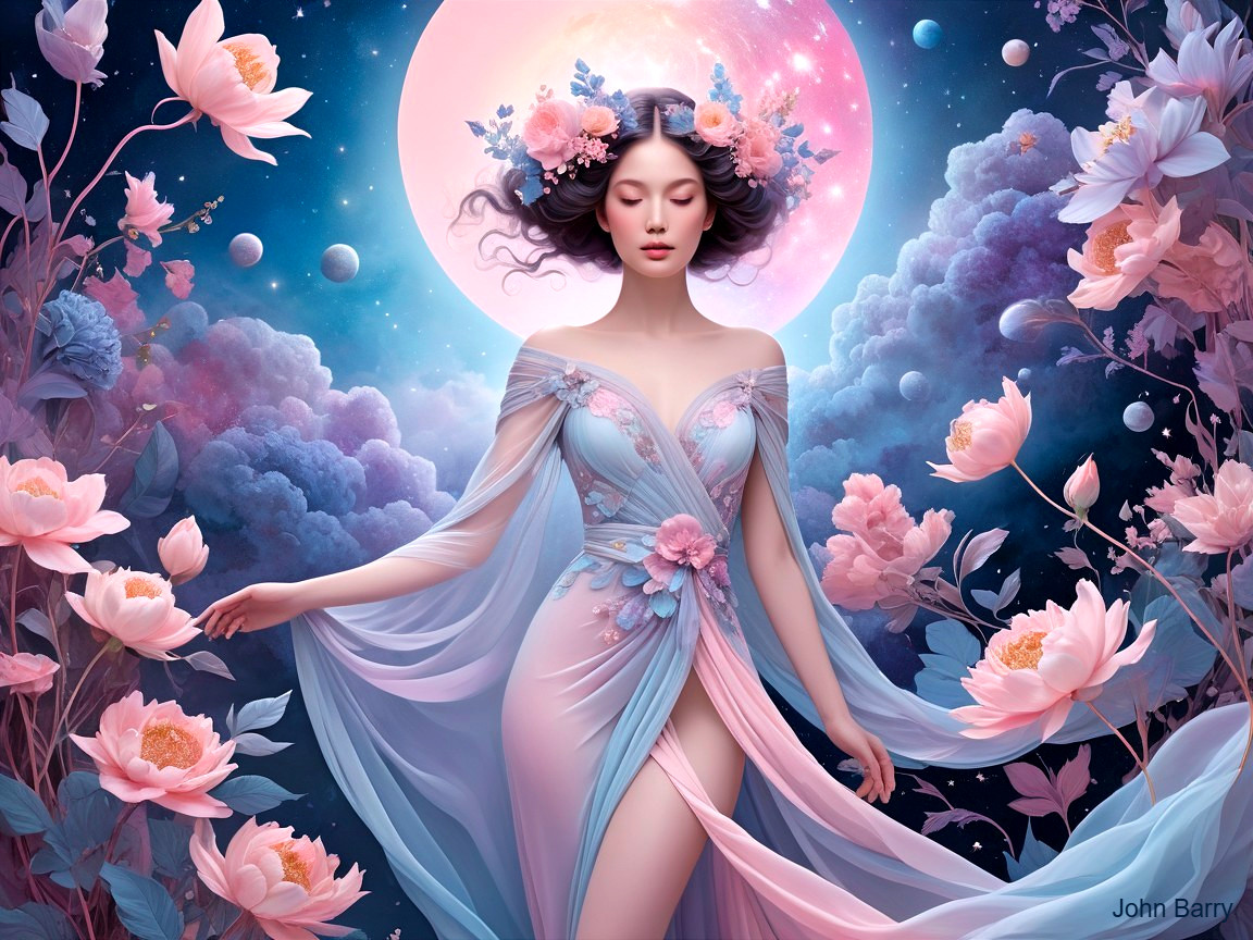 Ethereal Woman in Dreamlike Landscape with Flowers