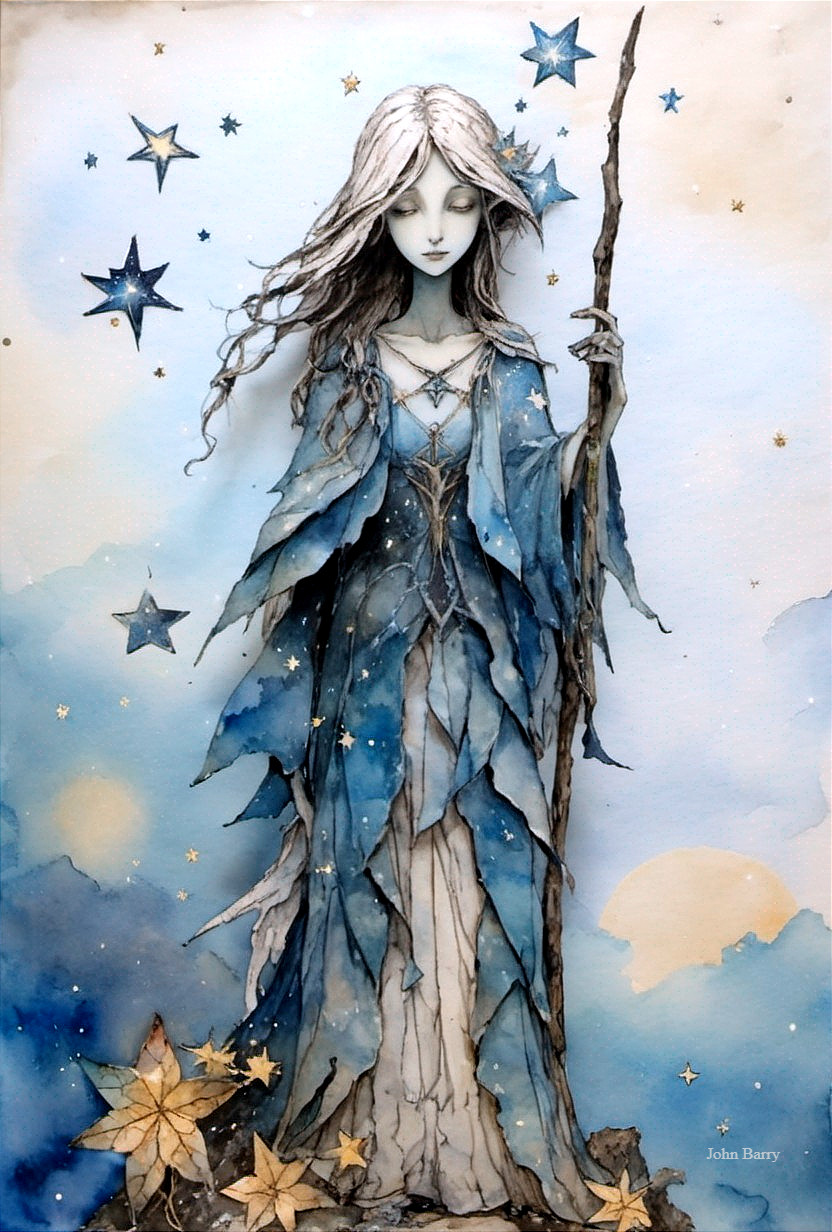 Ethereal Figure in Blue Garments Against Starry Sky