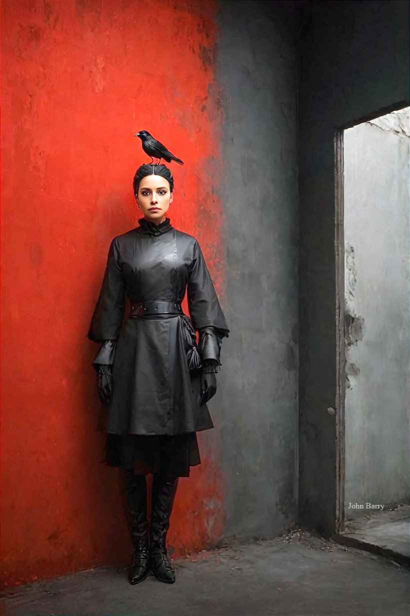 Elegant figure in black with raven on red backdrop