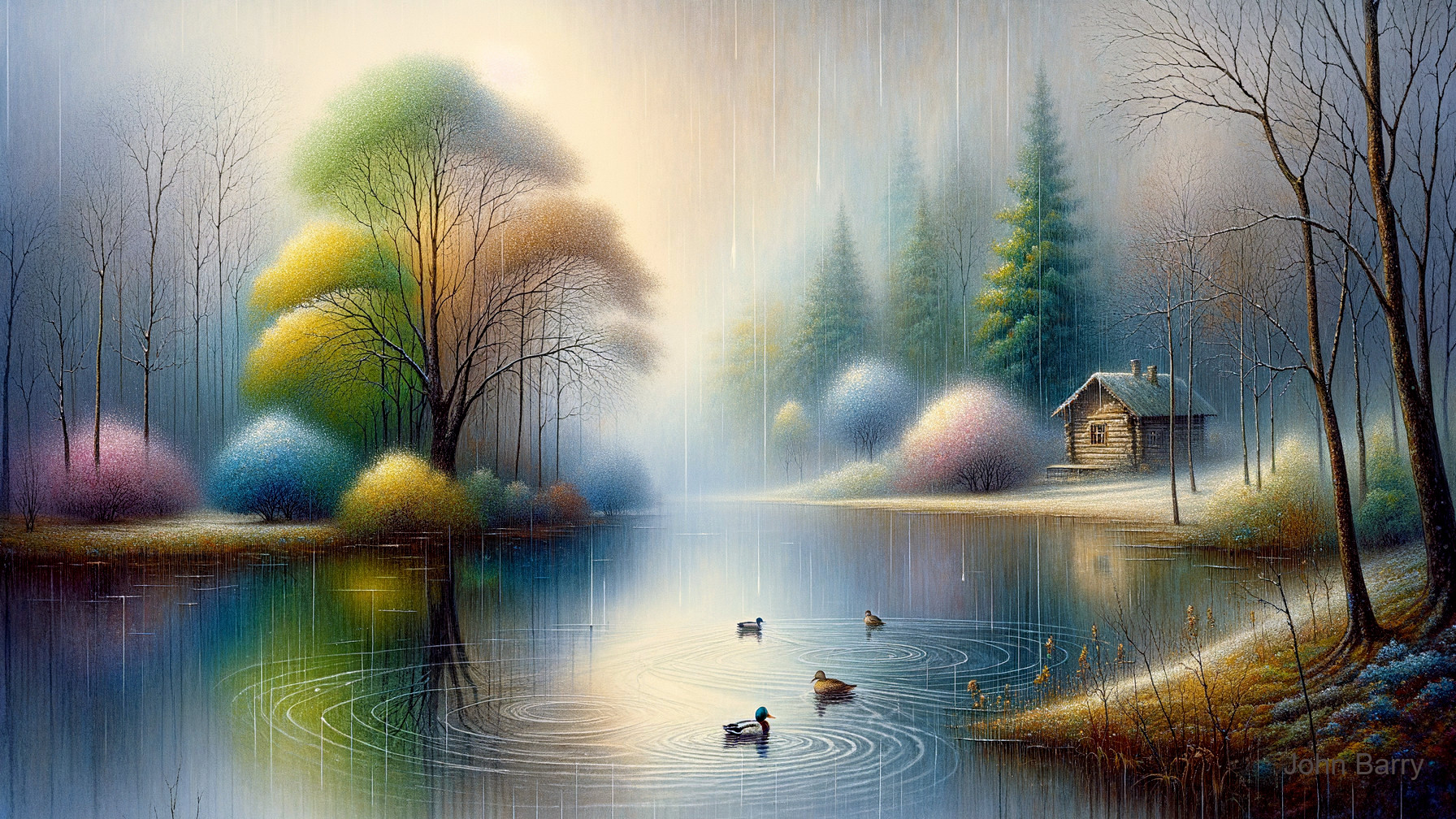 Tranquil Lake Landscape with Cabin and Ducks