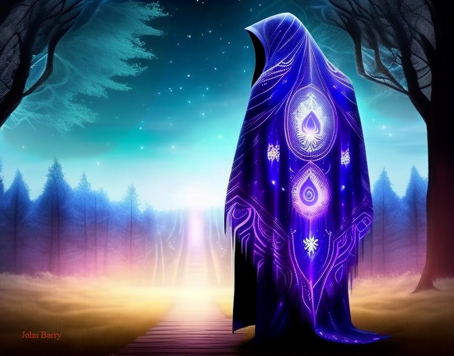 Hooded Figure with Glowing Patterns at Twilight Bridge